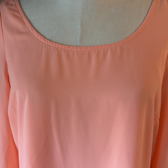 Hello Miss peach shift mini Dress Bishop 3/4 Sleeves long back zipper V back L - Picture 3 of 14